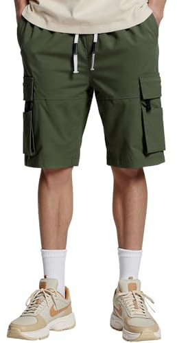 PrimeCrest Pantalones Cortos Hombre Cargo Algodon Bermudas con Bolsillos Verano Estilo Trabajo Casual Cordón Ajustable Cintura Elástica Deporte Gym Holgados Leisure Shorts Verde XL