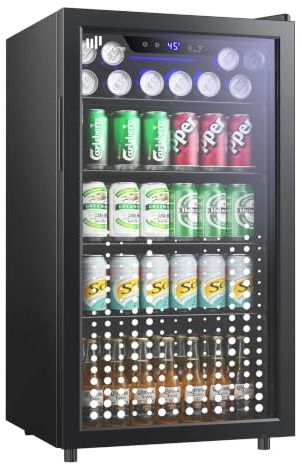 Upstreman Frigorífico de Bebidas 91 L, Mini Nevera con Puerta de Vidrio Doble, Iluminación LED, 4 Estantes Ajustables, 0-15℃, para 126 Latas, Nevera Pequeña para Refrescos, Cerveza y Vino