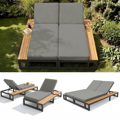 Dolamaní Isla de sol para 2 personas con estantes laterales, tumbona para exteriores con ángulo de respaldo ajustable, cama de relajación, 184 x 159 x 73 cm (gris, doble)