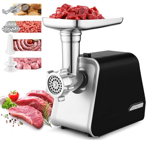 Tritacarne elettrico da 2000 W, professionale 4 in 1, con contenitore, set di riempitivi per salsicce, 3 dischi, set di cubi e accessorio per biscotti, uso domestico,Argento