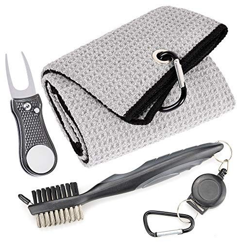 Mile High Life Mikrofaser Waffelmuster Golf Handtuch Club Groove Cleaner Brush Faltbares Divot-Werkzeug mit magnetischem Kugelmarker