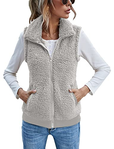 Women's Fuzzy Sherpa Fleece Vest Zipper Casual Vest Sleeveless Pocket Jacket Outwear Light Grey M