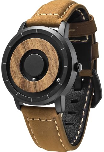 EUTOUR Reloj de Madera para Hombre Magnetico Cuarzo Sin Vidrio Rodamiento de Bolas Relojes de Pulsera para Hombres con Correa en Cuero Marrón Claro