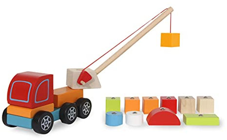 JAMARA Kidiwood Steckspiel Mobilkran 14tlg. – ab 3 Jahre, Massivholz - Bergahorn / Buche, Farben auf Wasserbasis, fördert motorische Fähigkeiten / Tastsinn, magnetische Klötze, 460700, Mehrfarbig