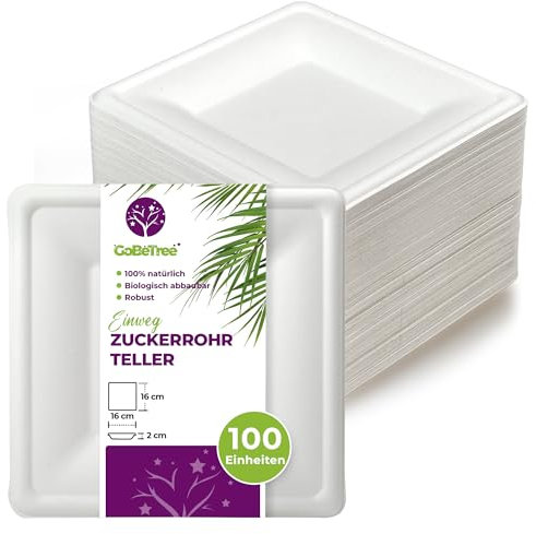 GoBeTree 100 Assiettes Jetables carrées 16 cm en Canne à Sucre Blanche, assiettes en papier jetables extra durables, Pour Camping, Pique-niques, Fêtes, Barbecues, Anniversaires