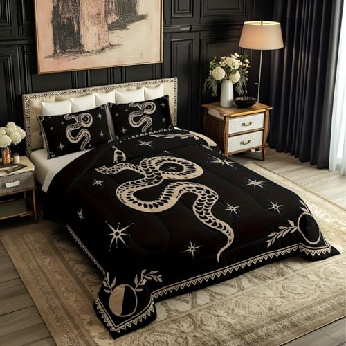Castle Fairy Snake Printed Comforter Set Queen Size,Boho Sun and Moon Bedding Set for Kids Boys Girls Bedroom Decoration,Starry Sky Galaxy Bed Duvet Insert,Black and Brown Comforter with 2 Pillowcase