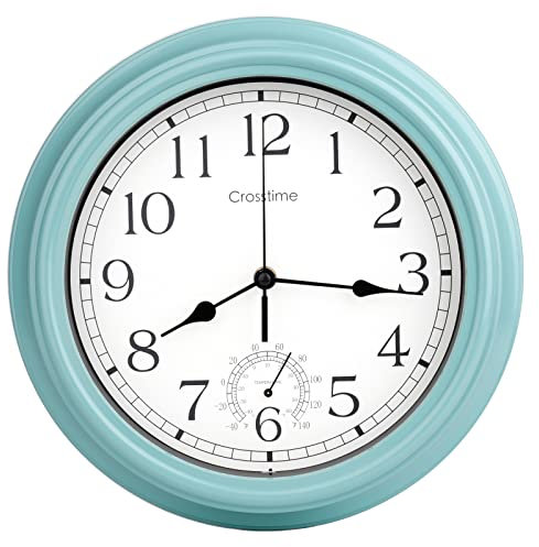 Crosstime 40cm Large Outdoor Clock - Waterproof Vintage Indoor Outdoor Wall Clocks with Thermometer for Garden,Patio, Pool,Home Decor - Teal,16 Inch