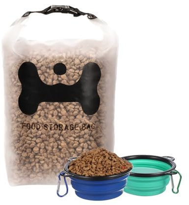 ANVS Silicone Pet Food Storage Bag,14-Cup Dog Food Bag with 2PCS Collapsible Travel Bowls, Perfect for Camping Trip, Dog Boarding, Weekend Getaways and Travel