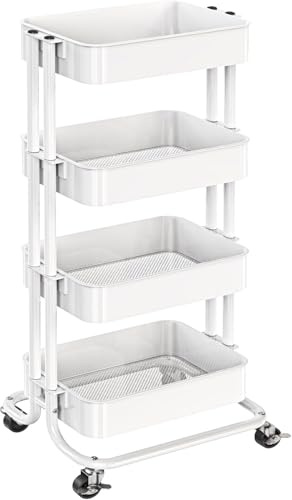 Pipishell 4 Tier Metal Rolling Utility Cart, Heavy-Duty Storage Rolling Cart with 2 Lockable Wheels, Multifunctional Mesh Organization Utility Cart for Kitchen Dining Room Living Room, PIUC13W