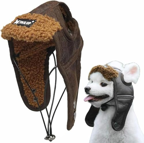 ITODA Chapeau d'aviateur pour Chien avec Cache-Oreilles Casquettes Coupe-Vent Bonnet d'hiver en Cuir PU Chaud Réglable Accessoires pour Animaux Domestiques Chapeau pour Chiots Chat en l'Extérieur