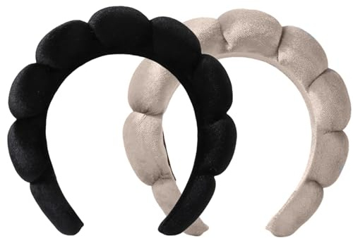 Ycfish Puffy Makeup Headband Spa Headbands for Women Sponge & Terry Towel Cloth Fabric Cute Skincare Headband for Face Washing, Makeup Removal, Shower, Facial Mask (Black Grey)