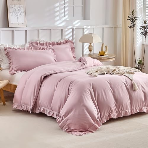 Tokokimo Ruffle Duvet Cover Double - Pink Bedding Sets, Soft Microfiber Pink Double Duvet Set with 2 Pillowcases for Bed Frilly Duvet Covers 200x200 cm, Ruffled Frills