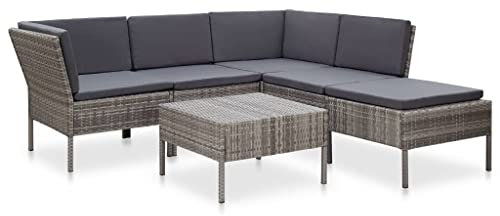AUVYI Juego de 6 sofás de jardín con cojines, polirratán, gris, 60 x 60 x 35 cm, grupo de bancos de esquina, silla de balcón, silla de jardín, cojín de respaldo, sofá, bar, comedor, salón