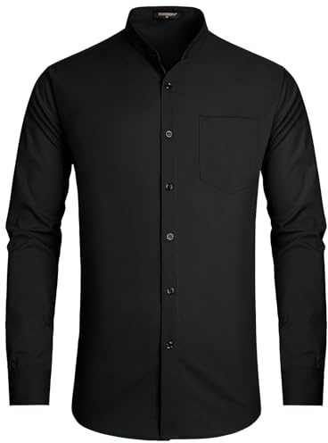 HISDERN Camicia Nero Uomo Manica Lunga Slim Fit Elegante Camicia Collo Coreana Uomo Matrimonio Formale Gemelli Camicia Uomo Nero con Tasca L