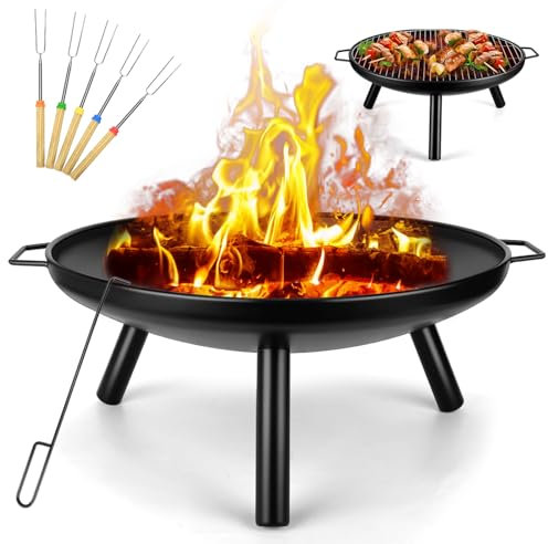 Large Fire Pits BBQ For Garden: Outdoor Round Firepit Bowl With Grill and Fork For Camping