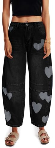 Barrel Jeans for Women Mid Rise Heart Printed Denim Ankle Pants Vintage Baggy Boyfriend Jeans, Dark Black, XL