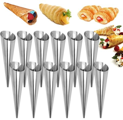 HIKPACKER Cannoli Moule Set, 12 Pièces Croissant Moule, Cannoli Moule en Acier Inoxydable, Crème Conique Spirale, Cannoli Patisserie Forme, Crème Gâteau Tube, Taille Cornets à la Crème Conique Spirale