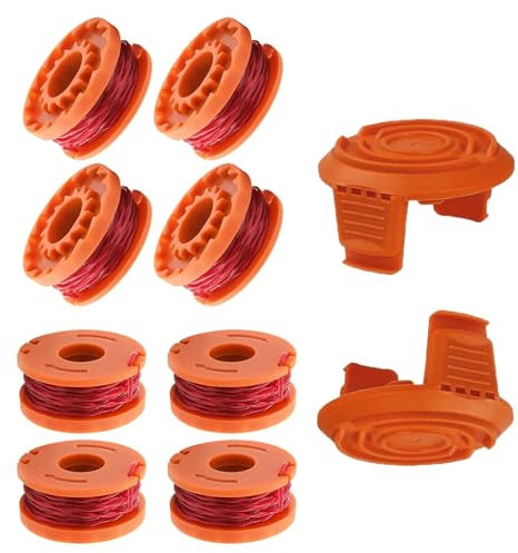 KJLEEN 10 Pcs Strimmer Spool WA0010 Strimmer Line Replacement for Worx Grass Trimmer WG151/WG155WG160/WG175, Ø1.65mm x 3m Auto Edger Strimmer Spool Line with Spool Cap WA6531