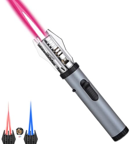 Jetflamme Feuerzeug Gas Nachfüllbar Sturmfeuerzeug, Einstellbare Flamme Winddicht Langes Stabfeuerzeug Geschenk für Männer, Jet Feuerzeug für Kerzen, Grill, Küche, Camping (ohne Gas) (Silber)