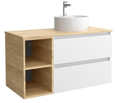 Salgar Mueble de Baño Bequia Plus 90 cm 2 cajones Blanco Mate y Coqueta 2 Huecos Roble con Lavabo sobre encimera
