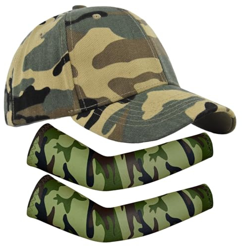 ZGDEIWGF 1 Casquette À Visière Camouflage, 1 Paire De Manches De Protection Solaire, Casquette De Baseball pour Enfants, Chapeau De Soleil Réglable, Chapeau Décontracté D'Été