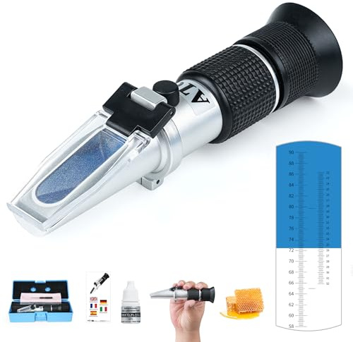 ZITFRI Refractómetro de Miel 2 en 1 con ATC – Brix 58–90%, Contenido de Agua en la Miel 12–32% – Refractómetro Manual para Miel, Jarabe de azúcar, Mermelada de Frutas, melaza