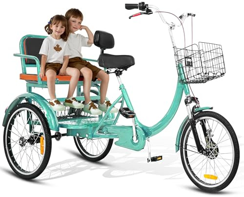 MOOITZ Adult Tricycle, 20 Inch 3-Wheel Bikes, Trike for Adults with Seat and Seat Belt, Low Step-Through Cruiser Bike with Front and Rear Baskets, Adult Tricycles for Women, Seniors, Men, Cyan