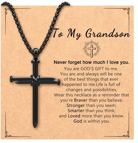 Grandson Gifts from Grandma, Cross Necklace for Men Boys Christian Baptism First Communion Confirmation Valentine’s Day Christmas Gifts for Grandkids Teenage Teen Boy 10 12 14 16 13 Year Old Birthday