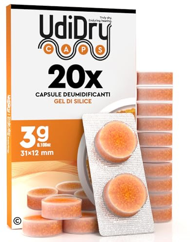 20 Capsule Deumidificanti Essiccanti per Apparecchi Acustici UdiDry Caps 3g 31mm con Indicatore di Colore - Capsule con Gel di Silice di Alta Qualità per Contenitori di Asciugatura