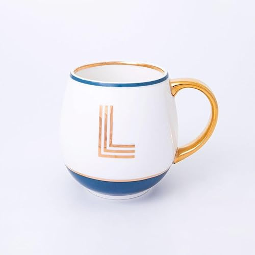 Bombay Duck Library Monogram Fine Bone China Mug, White & Blue with Pink & Gold Details, 450ml, Striped Gift Box, Hand Wash Only, Letter L