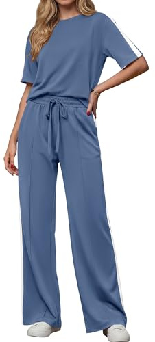 PRETTYGARDEN Women's 2 Piece Sets Summer Casual Sweatsuits Wide Leg Pants Matching Lounge Set Vacation Travel Airport Outfits (Blue,M)