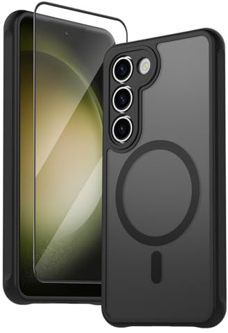 for Samsung Galaxy S23 Phone Case Magnetic, Fit for MagSafe, with 1 Screen Protector, Shockproof Translucent Anti-Fingerprint Case Black
