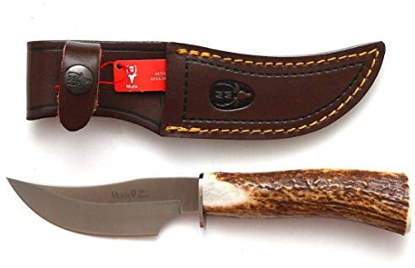 Muela Cuchillo DP-10A hoja de acero MoVa de 10 cm y empuñadura de asta de ciervo para Caza, Pesca, Supervivencia y Bushcraft Realizado en Ciudad Real + Portabotellas de regalo