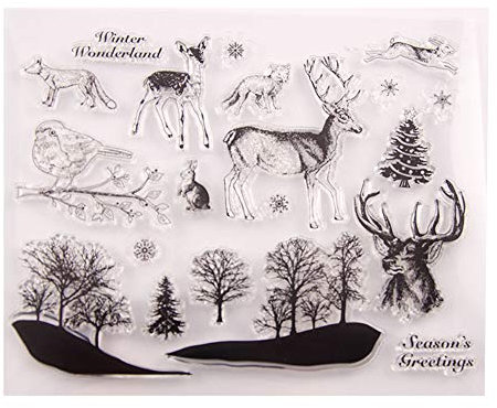 arriettycraft Transparente Stempel für Grußkarten, Dekoration und Scrapbooking, Motiv: Frohe Weihnachten, Winterwunderland, Hirsch, Elch, Vogel, Schneeflocken, zum Basteln-A1190
