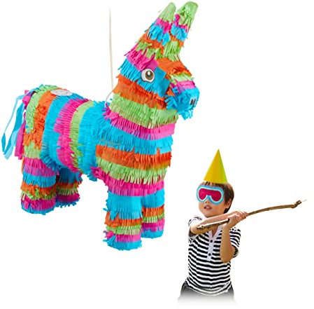 Relaxdays Pinata Esel, Tierpinata zum Befüllen, Kinder, Geburtstag, JGA, Einschulung, Schlagpinata zum Aufhängen, bunt