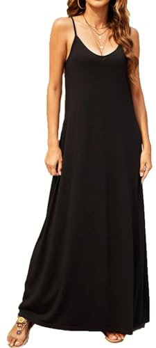 Black Long Maxi Dress,Women's Summer Casual Floral Printed Bohemian Spaghetti Strap Floral Long Maxi Dress with Pockets (Medium, Black)