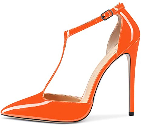 Castamere Femmes Haut High Aiguille Talon Heel Fermé Pointu Bout Escarpins T-Strap Lanières Cheville Sandales Clear Dress Mariage Chaussures Orange Vernis 44 EU
