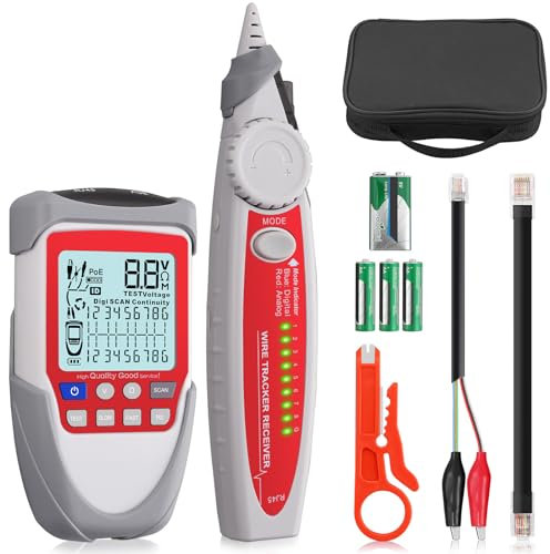 XUNTOP Wire Tracker Cable Finder LCD Network Cable Tester with POE Test Network Test Device Network Cable Tester with Storage Bag Support Network Cable CAT5, CAT5e, CAT 6, CAT 7 CAT 8, Blue,Red