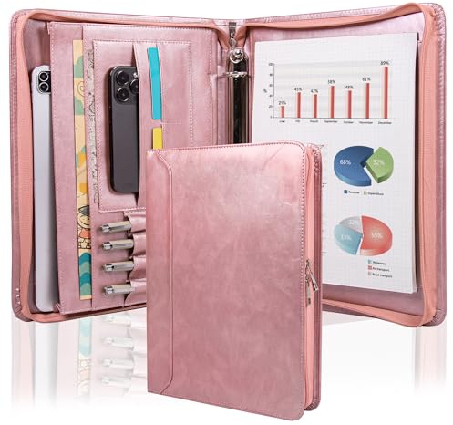AZXCG Leather Padfolio for Women,3 Ring Portfolio Binder with Zipper,Business Portfolio for Women with A4 Writing Pad Holder, Portfolio Organizer for Business,School,Work