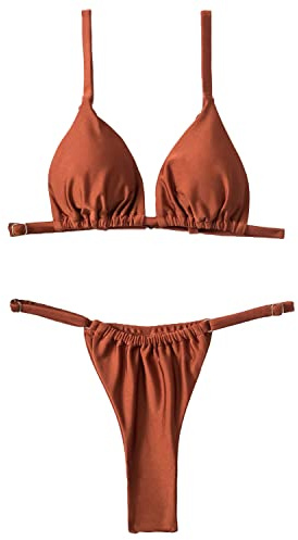 Silkglory Maillot de Bain Femme 2 Pièces Bikini Triangle Coupe Haute String Lace Up Brun Glitter Bikini Sexy Dos Nu Boucle Métal - L