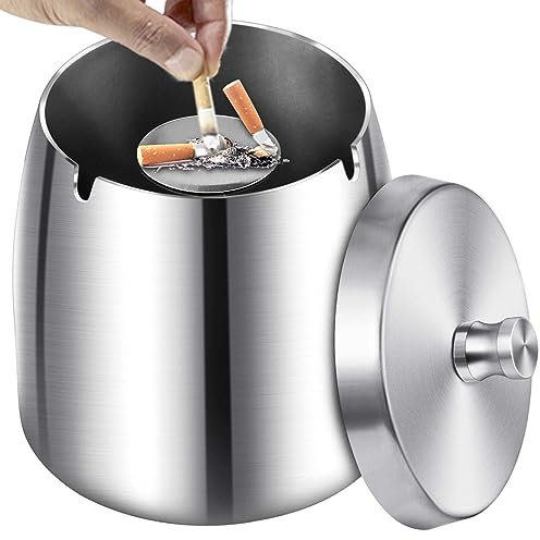 Royouzi Aschenbecher, Aschenbecher mit Deckel, Aschenbeche aus Edelstahl, Windaschenbecher, Standaschenbecher mit rutschfester Unterseite für den Außen- und Innenbereich