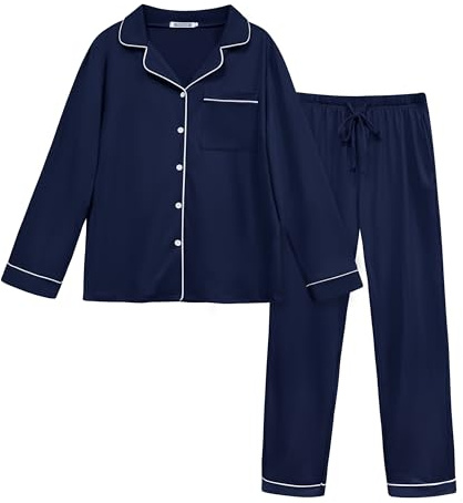Lovasy Pigiama Donna Estivo Set,Corta Pigiama Camicia con Bottoni sul Bavero Comodo Pantaloni Lunghi Traspiranti Pigiama da Casa Casual in Due Pezzi S-XXL
