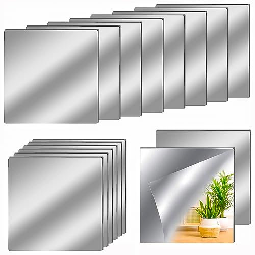 Specchio Acrilico Adesivo Removibile - 16 Pezzi Quadrati da Parete, Flessibili, Non in Vetro per Casa, Armadio, Piastrelle da Bagno - 15 x 15 cm