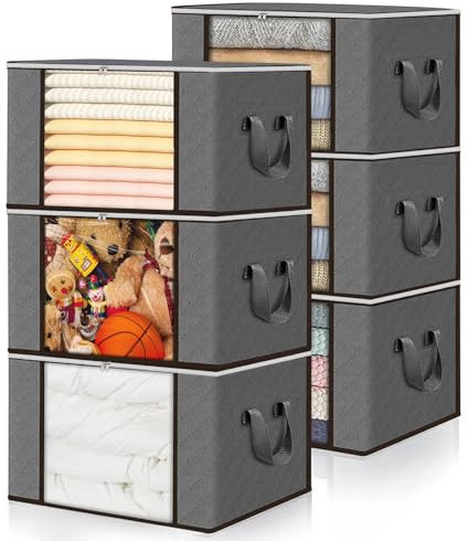 90L Storage Bags, 6 Pack Large Capacity Clothes Storage Bags with Zips, Foldable Clothes Storage with Reinforced Handles, Wardrobe Organiser Packing Boxes with Clear Window for Clothes Bedding, Grey