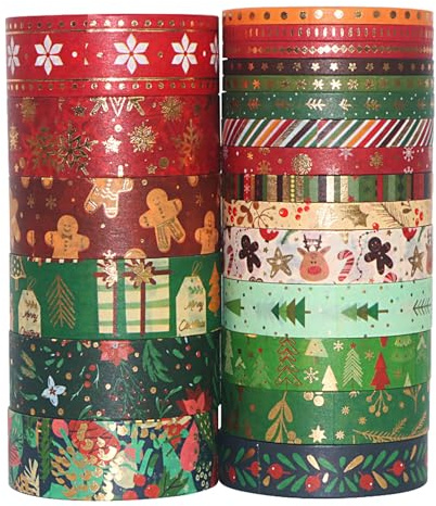 Fyfjur 21 Rollos Washi Tape Navidad, Cinta Adhesiva Decorativa Autoadhesivo, Washi Tapes para Manualidades Navideñas, álbumes de Recortes, Envoltura de Regalos (4 Tamaños)