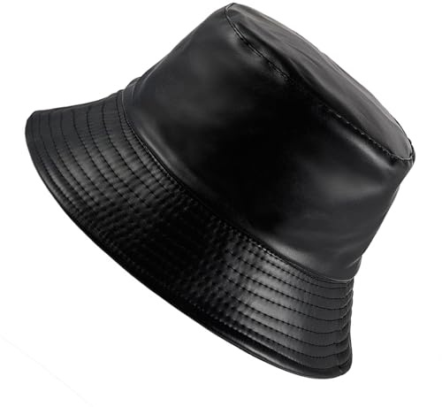 JAZTAKU Black PU Leather Bucket Hat Unisex Fisherman Cap Rain Hat Bonnie Hats Pu Camping Caps