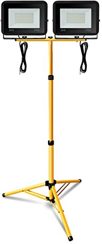 Daromigo Faretto LED con treppiede, 2 x 30 W, luce bianca calda, 2550 lm, lampada da lavoro, IP66, impermeabile, per interni ed esterni, garage, cantiere, altezza regolabile (senza spina)