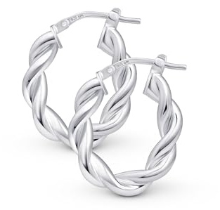 Amberta Italian 925 Sterling Silver Hoop Earrings for Women | Silver Twisted Rope Hoop Earrings | Silver Round Hoops for Women: Twisted Oval Sterling Silver Hoops 18 mm