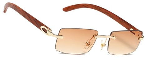 MEGAVOW Lunettes de Soleil sans Monture, Sangle de Lunettes, Lunette de Soleil avec Jambes en Bois d'imitation, Carrées Rétro Lunette pour Femmes Hommes, UV400