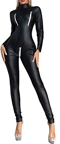 Latex Catsuit für Damen Leder Overall Jumpsuit Wetlook Bodysuit Ouvert Lack Outfit Sexy Latex Dessous für Sex Langarm Reißverschluss Erotische Kostüme